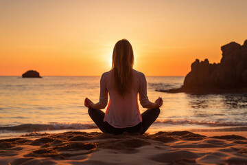 Fototapeta premium A young woman practicing yoga on a tranquil beach at sunrise, finding inner peace and mindfulness. Concept of wellness and serenity. Generative Ai.