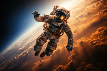 Fototapeta premium A female astronaut floating in the zero-gravity environment of space, representing human exploration and discovery. Generative Ai.