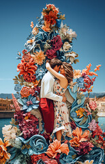 A couple hugs in front of a sculpture in Nice France