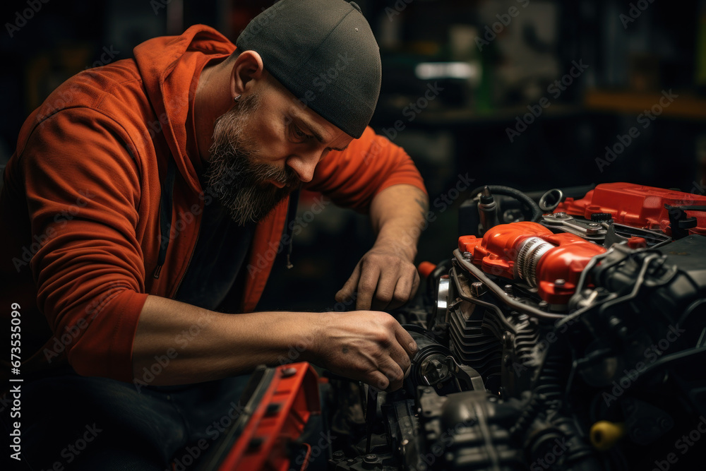 Poster a mechanic fixing a car's engine with precision and expertise. concept of automotive maintenance and