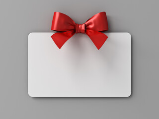 Blank white gift card signboard or gift voucher billboard with red ribbon bow isolated on dark grey wall background with shadow minimal concepts 3D rendering