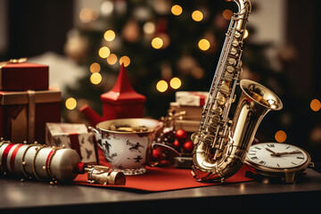 A music-themed Christmas mockup with notes and instruments, highlighting the harmony and melodies...