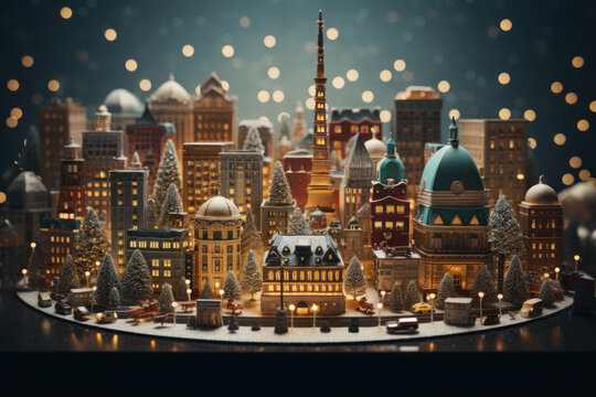 Fototapeta A travel-themed Christmas card with global landmarks, ideal for those with wanderlust during the holidays. Generative Ai.