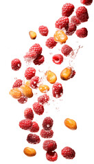 Dates and Raspberries with Water Splashes, Transparent Background, PNG, Exotic and Berry Fruit Mix