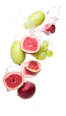 Fresh Figs and Grapes with Water Splashes, Transparent Background, PNG, Delicious Fruit Composition