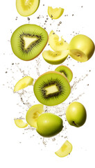 Fresh Kiwi and Apple Duo with Dynamic Water Splashes on Transparent Background, High-Quality PNG