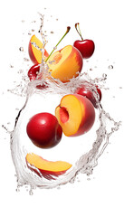 Cherries and Peach with Water Splashes, Transparent Background, PNG - Juicy Summer Fruits, Freshness Concept, Healthy Diet