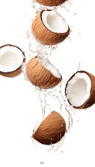 Coconut with Water Splashes, Transparent Background, PNG - Tropical Refreshment, Healthy Oil Source, Exotic Fruit Concept