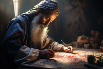 A calligrapher meticulously creating intricate Arabic scripts, highlighting the art of Arabic calligraphy. Generative Ai.