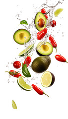 Limetten, Avocado, Chili mit Wasserplatschern, Transparenter Hintergrund, PNG – Zitrusfrische, Gesunde Fette, Scharfe Gewürze