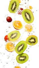 Kiwi, Cranberries, Papaya with Water Splashes, Transparent Background, PNG - Exotic Fruit Mix, Healthy Snack, High in Vitamins