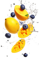 Mango and Blueberries with Water Splashes, Transparent Background, PNG - Tropical Fruit, Juicy Berries, Freshness Concept