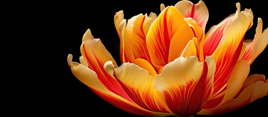 In the garden there is a tulip called tulipa crispa that has fringes in hues of yellow orange and red - obrazy, fototapety, plakaty