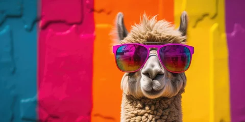 Fototapete Lama Cool llama with sunglasses in front of a colorful background wall.