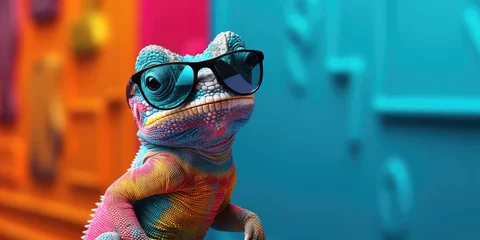 Tuinposter Cool chameleon with sunglasses in front of a colorful background wall. © Simon