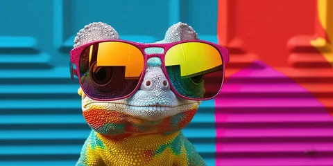 Fotobehang Cool chameleon with sunglasses in front of a colorful background wall. © Simon