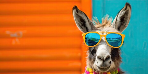 Cool hipster donkey with sunglasses in front of an orange and blue background wall. 