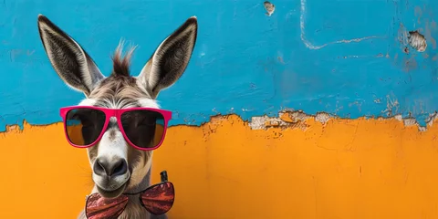 Tuinposter Cool hipster donkey with sunglasses in front of an orange and blue background wall.  © Simon