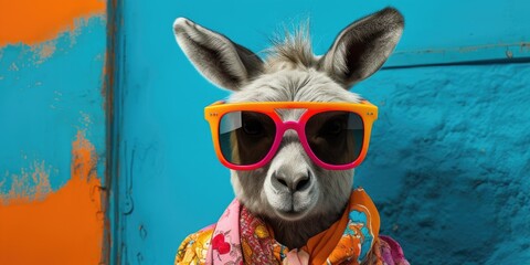 Cool hipster donkey with sunglasses in front of a blue background wall. 