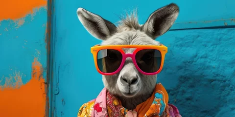 Schilderijen op glas Cool hipster donkey with sunglasses in front of a blue background wall.  © Simon
