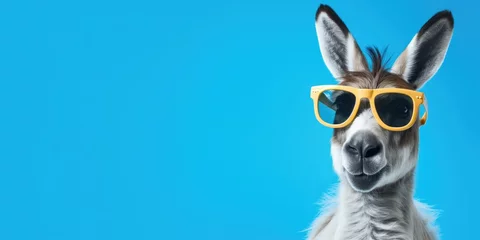 Tuinposter Cool hipster donkey with sunglasses in front of a blue background wall.  © Simon