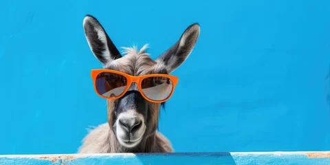 Fototapeten Cool hipster donkey with sunglasses in front of a blue background wall.  © Simon