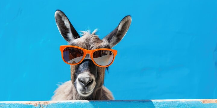 Cool hipster donkey with sunglasses in front of a blue background wall. 