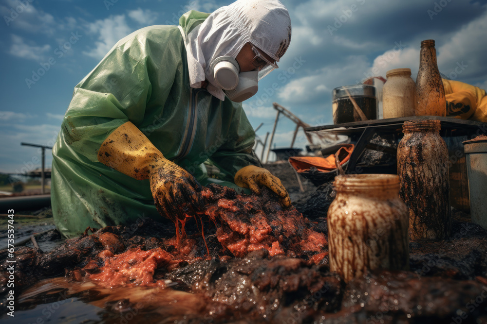 Poster a bio-refinery worker extracting valuable resources from food waste, in accordance with commitment t