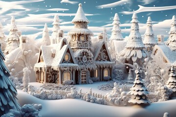 Snowy gingerbread village out of a fairytale. Beautiful decorated wonderland. - obrazy, fototapety, plakaty