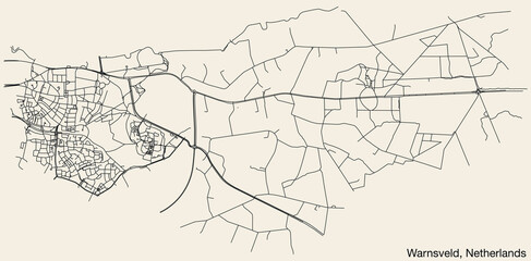 Detailed hand-drawn navigational urban street roads map of the Dutch city of WARNSVELD, NETHERLANDS with solid road lines and name tag on vintage background