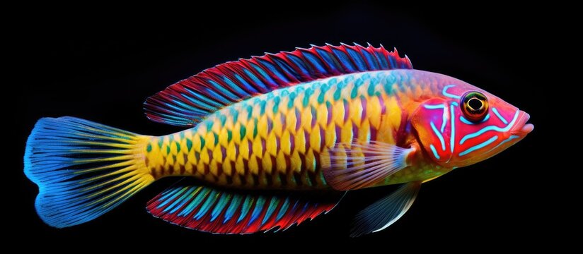 A colorful fish species called Coris julis commonly known as the Mediterranean rainbow wrasse can be found underwater in the Aegean Sea specifically in Halkidiki Greece