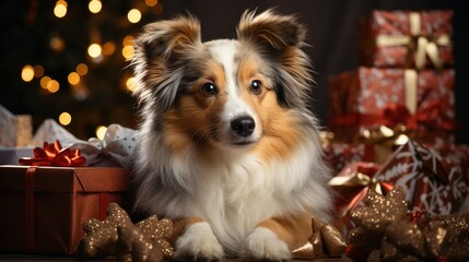 Cute collie dog next to the gift boxes, the bokeh from the Christmas lights. 