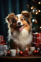Cute sheltie dog next to the gift boxes, the bokeh from the Christmas lights. 