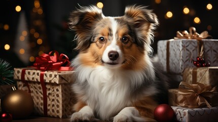 Cute sheltie dog next to the gift boxes, the bokeh from the Christmas lights. 