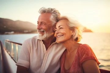 Foto auf Alu-Dibond happy elderly couple having fun on the ship. pensioners traveling on a cruise ship © InfiniteStudio