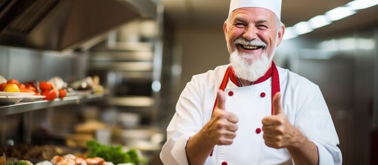 The chef with a content expression gazes confidently at the camera displaying a gesture of approval while laughing