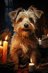 Cute Yorkshire Terrier dog next to Christmas candles, Christmas lights. 