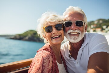 happy elderly couple having fun on the ship. pensioners traveling on a cruise ship