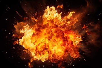 Fototapeta na wymiar explosion fire flames smoke embers big powerful fiery hot shockwave bomb special effects boom device film movie overlay isolated black background