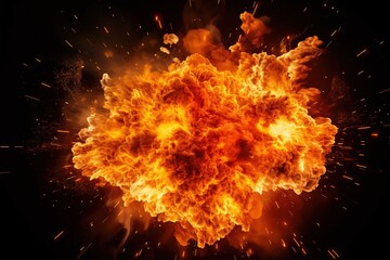 Fototapeta na wymiar A big powerful fiery explosion of fire, flames, smoke and embers on an isolated black background