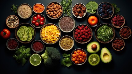 Aerial view foods product representing the nutritarian diet, different vegetables, seeds and...