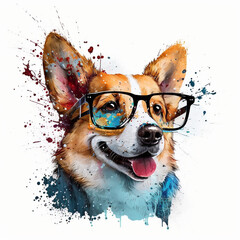 Happy and smart looking Corgi wearing glasses with painterly effect
