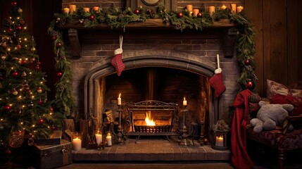 Fototapeta na wymiar Cozy fireplace with beautiful christmas decoration.
