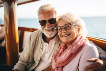 Fototapete happy elderly couple having fun on the ship. pensioners traveling on a cruise ship © InfiniteStudio