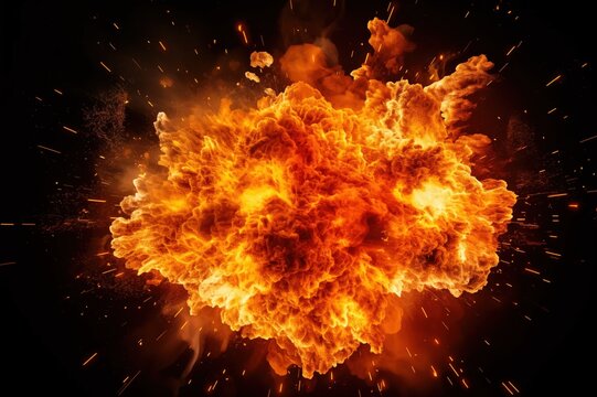 explosion fire flames smoke embers big powerful fiery hot shockwave bomb special effects boom device film movie overlay isolated black background