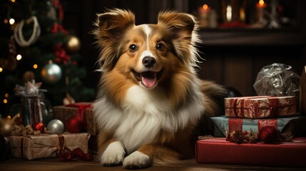 Cute collie dog next to the gift boxes, the bokeh from the Christmas lights. 