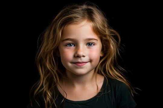 Portrait of a cute little girl with long blond hair on a black background