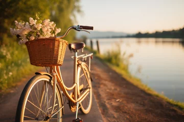 Tuinposter A vintage bicycle with a wicker basket, harkening back to leisurely rides through the countryside. Generative Ai. © Sebastian