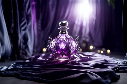 Shiny silver embroidered, unique and glowing purple magic elixir potion bottle - Generative AI
