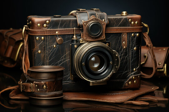 A vintage camera with a leather case, representing the craftsmanship of old-school photography. Generative Ai.